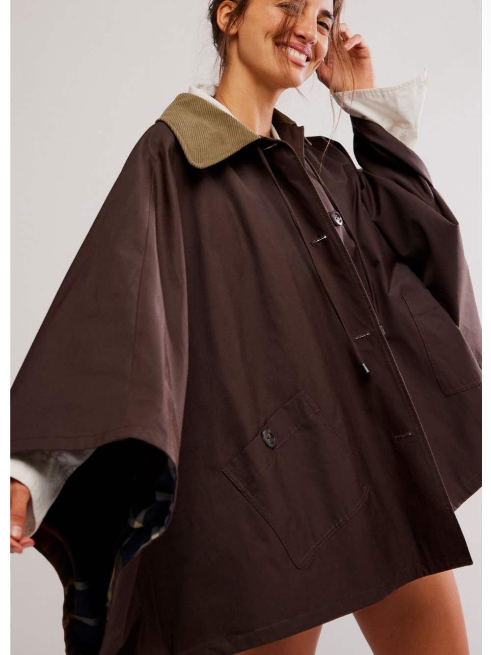 Free People Bailey Cape in Italian Mocha Brown Plaid Lined Tie Neck NEW Size M/L - Picture 3 of 11